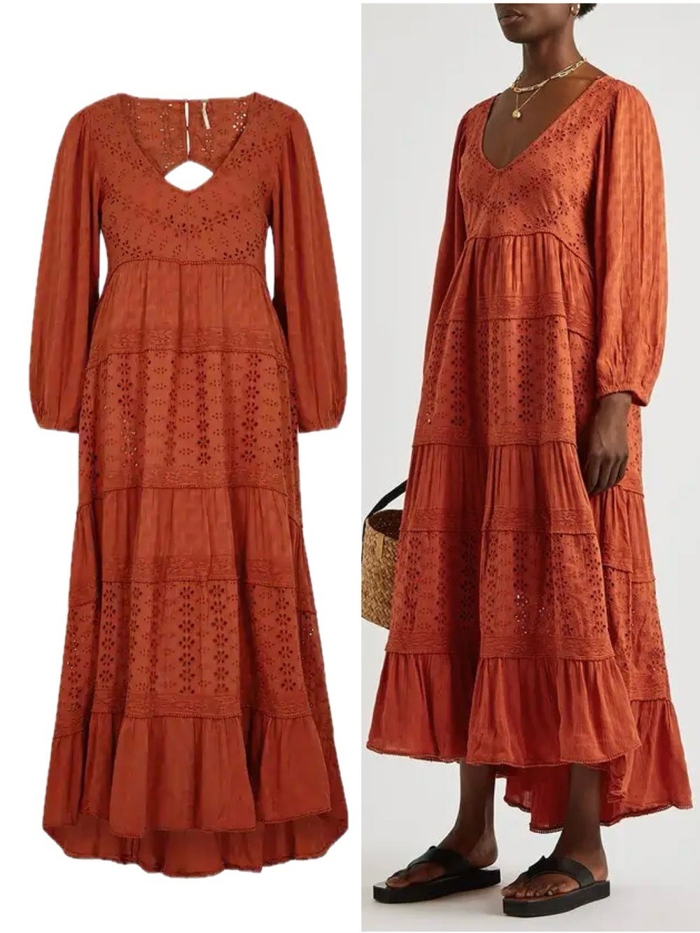 Free People Mockingbird eyelet embroidered Maxi Panelled Dress Rooibos Tea Sz XS